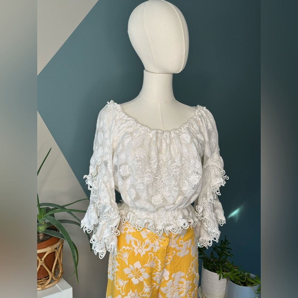 Sunday Cristina Paris Boho Lace Crop Top Free Size (XS–M) Beaded Peasant Blouse - Picture 1 of 12
